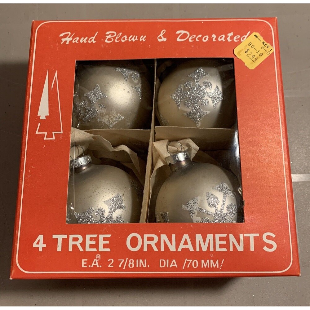 Vintage Glass Ball Mica Snowflake Ornaments Christmas Tree Hand Blown 4 Prop Box